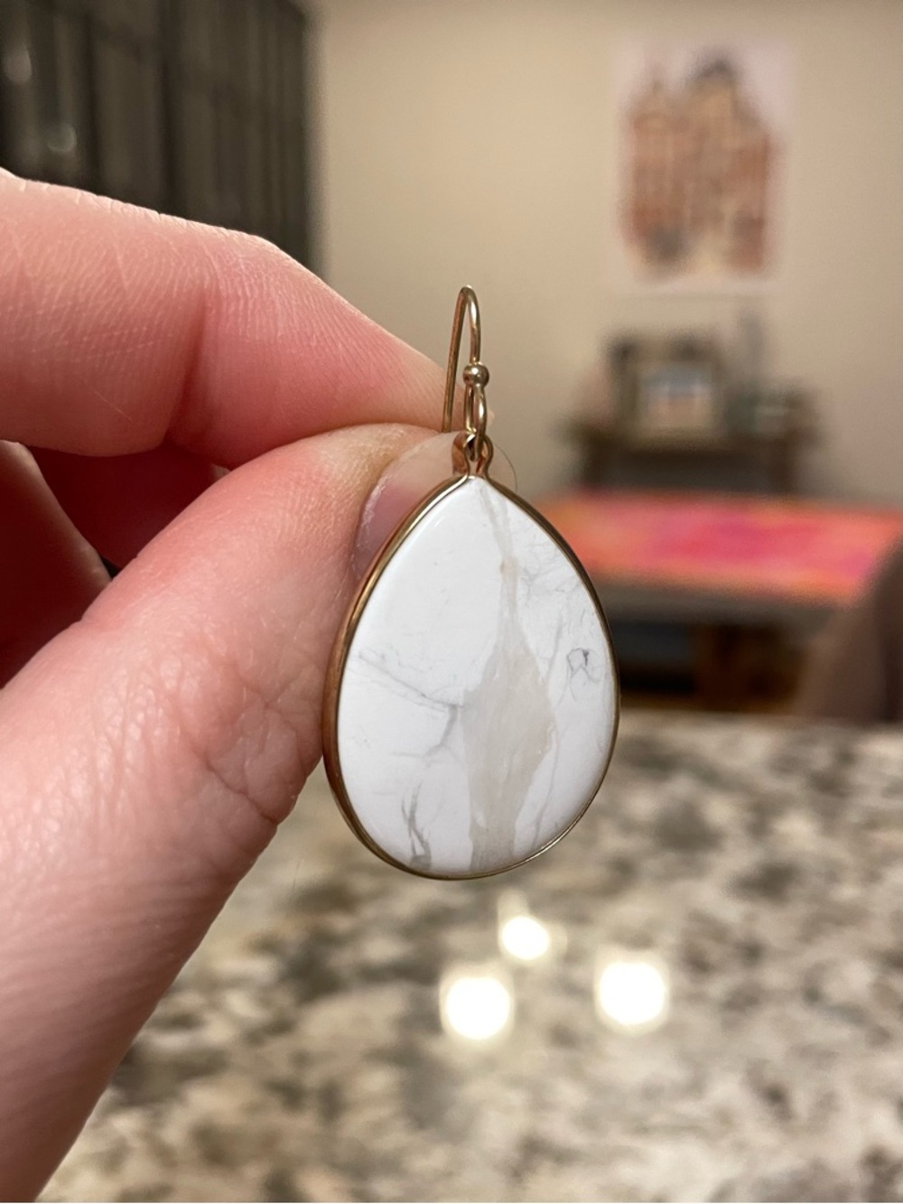 White Teardrop Stone Earrings with Gold Detail